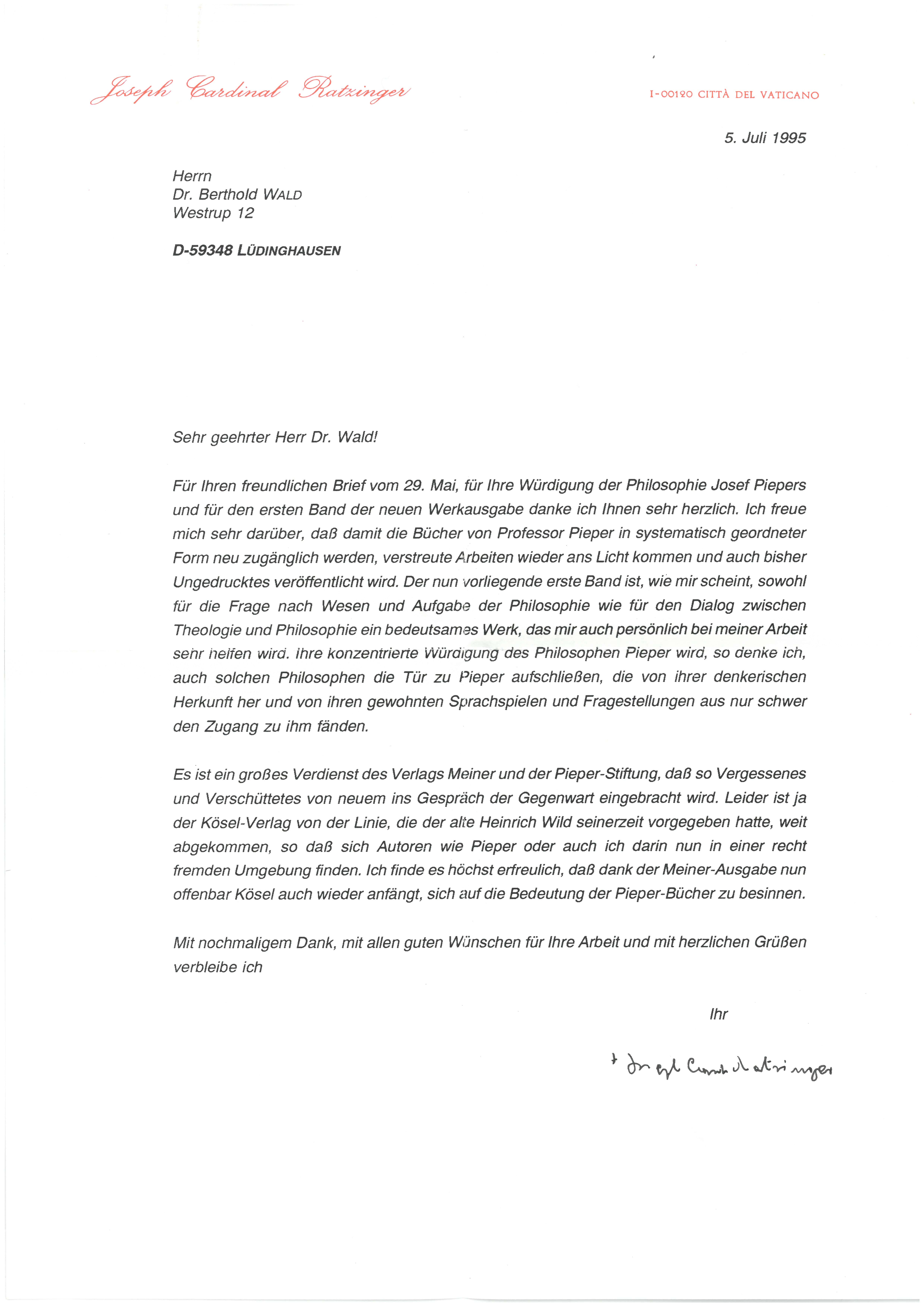 1. Brief von Joseph Kard. Ratzinger