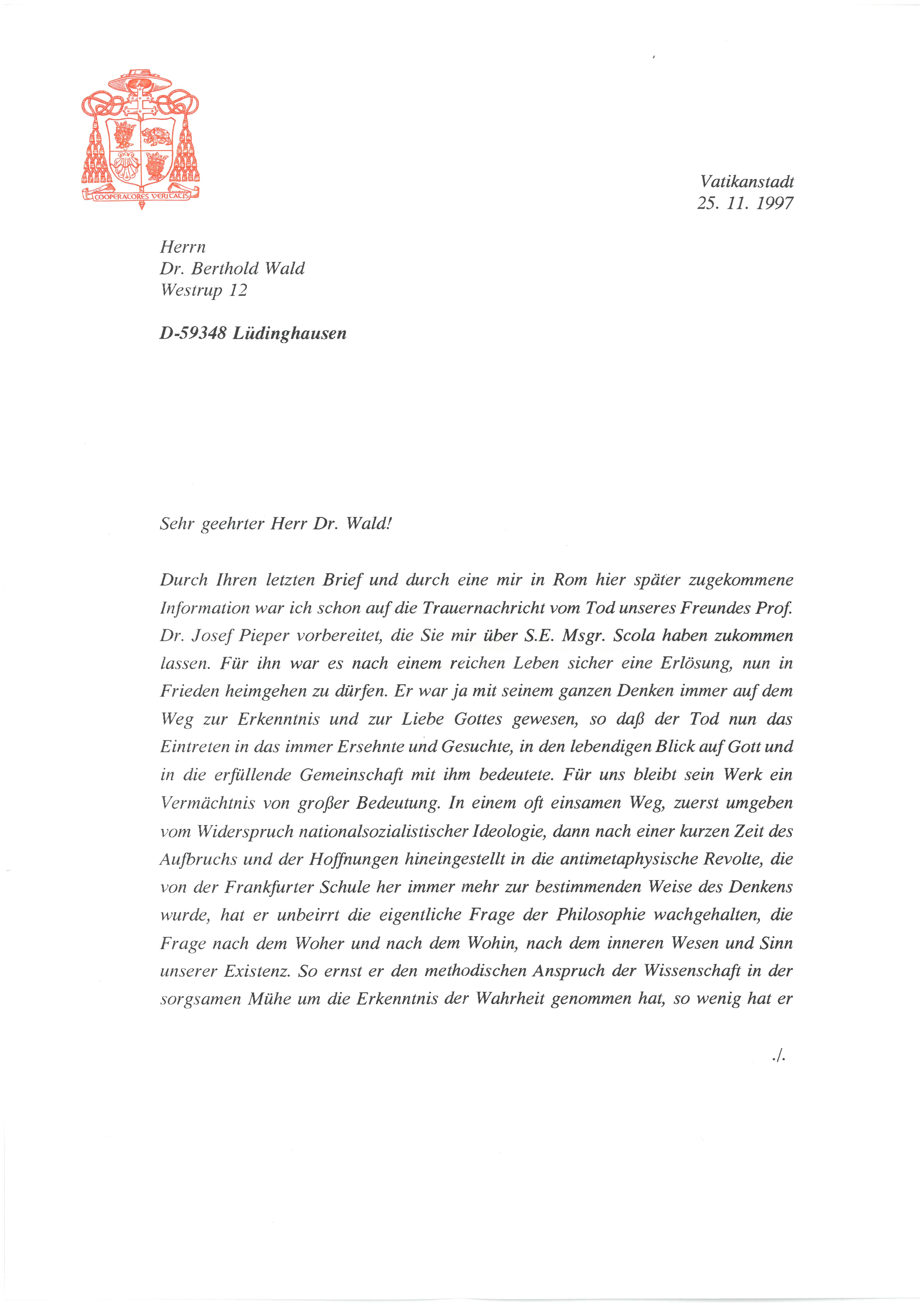 2. Brief von Joseph Kard. Ratzinger Seite 1